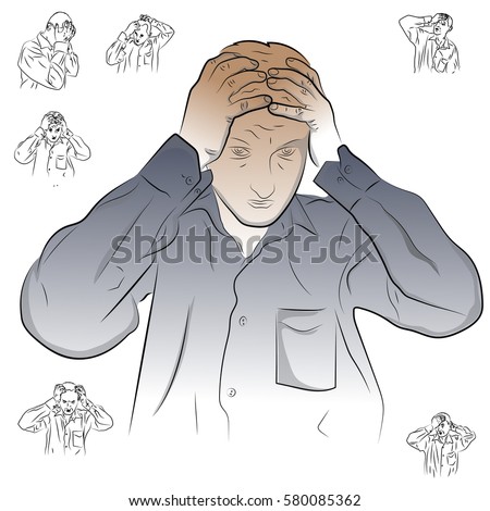 A man holding his head, headache, migraine. color illustration on the theme of pain.