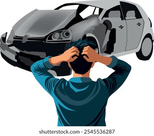 Homem segurando a cabeça, olhando para o carro destruído após um acidente
