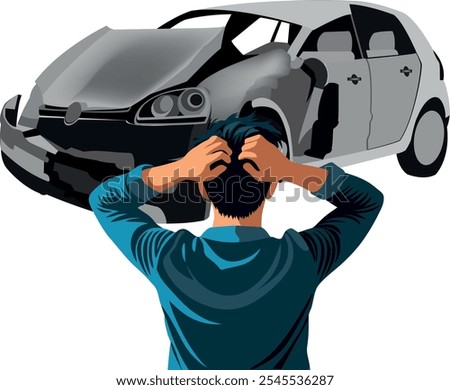 Man holding his head, looking at his destroyed car after an accident