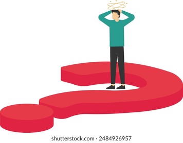A man holding his head sits on a question mark, illustration for uncertainty.

