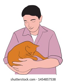 Man is holding his lovely red cat and smiling. Hand drawn vector illustration.