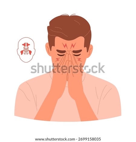 Man holding his nose with sinusitis. Otolaryngological problems of sinus infection or frontal sinus. Sick and runny nose with pain and inflammation