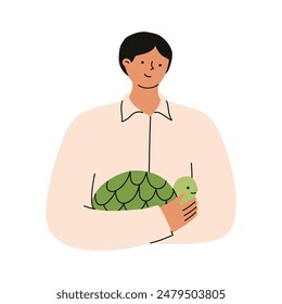 Man holding his pet turtle. Happy domestic animal owner. Flat vector illustrations.