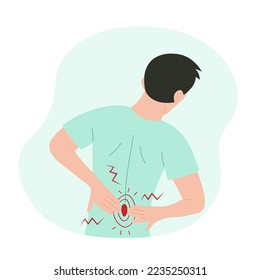 Man holding his small of the back. Back view of a man suffering from backache. Healthcare, lower back pain, medicine concept. 