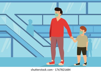 A man holding his son hand while walking in shopping mall