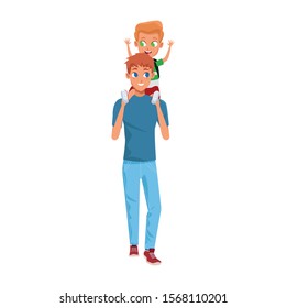 man holding a his son on shoulders over white background, vector illustration