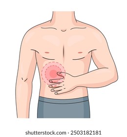 man holding his stomach with a red area indicating abdominal pain or discomfort, possibly due to illness diagram hand drawn schematic vector illustration. Medical science educational illustration