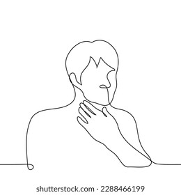 man holding his throat - one line drawing vector. concept sore throat, cracking voice