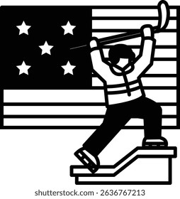 A man is holding a hockey stick and is about to hit a flag. The flag is on a wall and is surrounded by stars