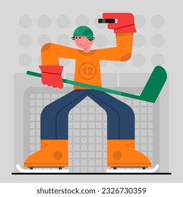 Man holding hockey stick and puck, stands near gate. Time for morning workout. Active and healthy lifestyle. People engaged in hockey. Vector flat illustration in orange color