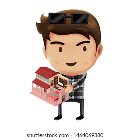 Man holding home model, Businessman working, character design