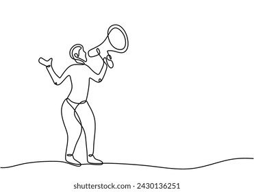 Man holding horn in continuous one line art drawing. Business media job career vector illustration editable stroke.