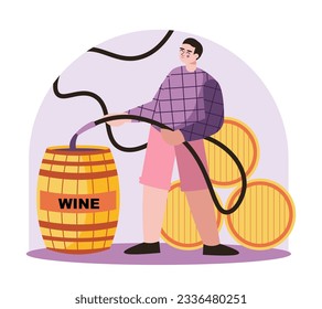 Man holding hose and pouring grape juice. Winemaking process with natural grapes. Beverage production industry. Making organic drink. Vector flat illustration in purple and pink colors