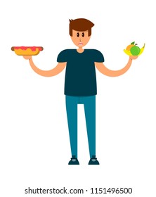 a man is holding a hot dog and a fruit,useful and harmful food,vector image, flat design, cartoon character