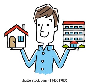 A man holding a house and an apartment in his hand