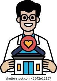 A man is holding a house in his hands and smiling. The house has a heart on it, which suggests that it is a place of love and warmth. The man's smile and the house's heart symbolize happiness