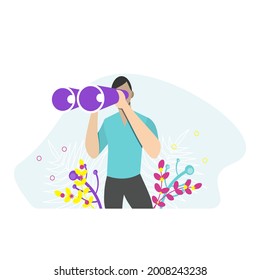 Man holding huge binocular and looking far ahead. Vector illustration for observation, discovery, future concept. Flat vector illustration.
