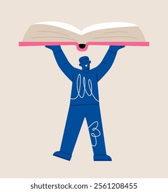 Man holding huge book in hands. Education and learning concept. Colorful vector illustration

