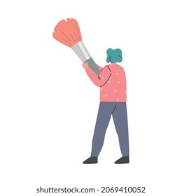 Man Holding Huge Brush as Stationery Drawing Tool Vector Illustration