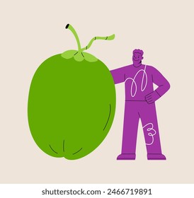 Man holding huge coconut. Colorful vector illustration