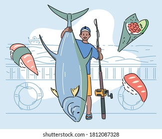 A man is holding a huge fish with a fishing pole. hand drawn style vector design illustrations. 