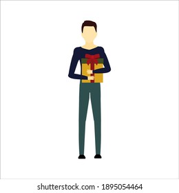 man holding a huge gift box. Vector image on white isolate
