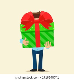 A man is holding a huge gift box with a red bow. Big surprise on birthday. Vector illustration, flat design, cartoon style, isolated background.