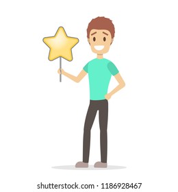 Man holding a huge golden star and smiling. Rate the product quality. Idea of feedback and review. Isolated flat vector illustration