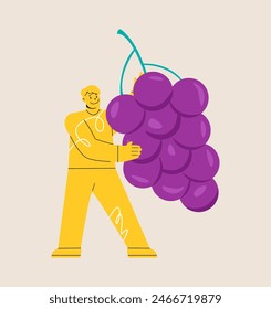 Man holding huge grape. Colorful vector illustration