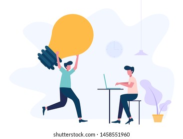 The man is holding a huge light bulb and go with a team. Startup and search of investments concept. Business angel investing to innovational idea. Vector illustration.