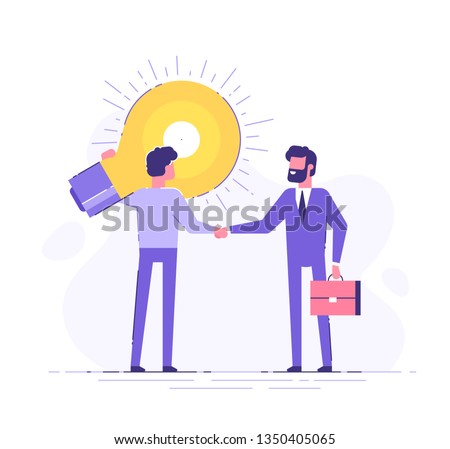 The man is holding a huge light bulb and shaking hands with a businessman with briefcase. Startup and search of investments concept. Business angel investing to innovational idea. Vector illustration.