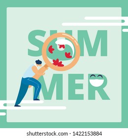 Man Holding Huge Magnifier Glass Watching on Word Summer. Creative Typography or Lettering with Red Flowers and Smiling Letter on Green Background, Square Banner, Cartoon Flat Vector Illustration