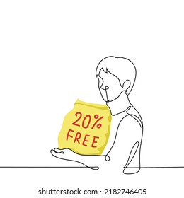 man holding a huge package with the inscription "20% free" - one line drawing vector. concept products with 20% discount