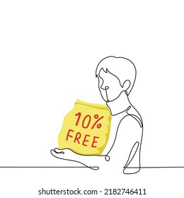 man holding a huge package with the inscription "10% free" - one line drawing vector. concept products with 10% discount