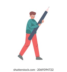 Man Holding Huge Pencil as Stationery Writing Tool Vector Illustration
