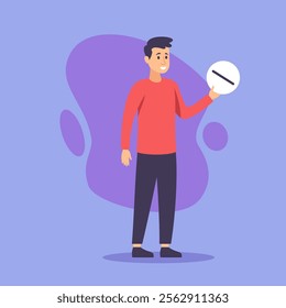 Man holding huge pill vector illustration. Male cartoon character taking tablet. Medicine, illness and healthcare concept