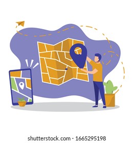 Man Holding Huge pin icon on the map. GPS navigation app and pin symbol on mobile phone, destination concept. Isolated on white background. flat vector concept illustrations