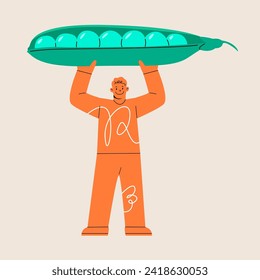 Man holding huge soy bean pod. Vegetarian healthy. Colorful vector illustration 
