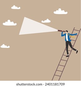 Man holding huge tourists binocular and looking far ahead. Vector illustration for observation, discovery, future concept