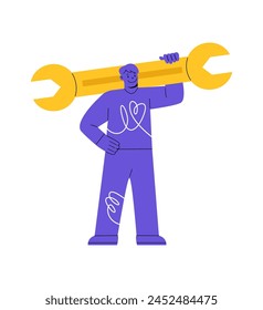 Man is holding a huge wrench. Technical support concept. Colorful vector illustration
