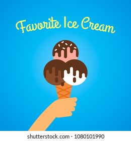 The man is holding ice cream in his hand. vector illustration isolated on blue background