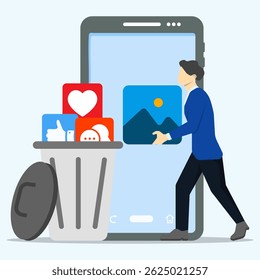 Um homem segurando um ícone de imagem para colocar uma lata de lixo. Limpando o smartphone de arquivos de lixo e conceito de cache claro.