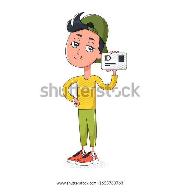 A man holding an id card. teenager shows a driving\
license. Sales age. Isolated Vector illustration on white\
background. cartoon style