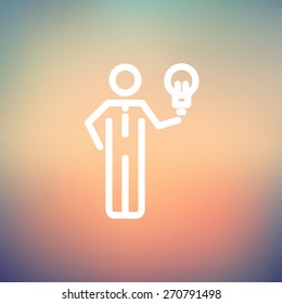 Man holding idea icon thin line for web and mobile, modern minimalistic flat design. Vector white icon on gradient mesh background.