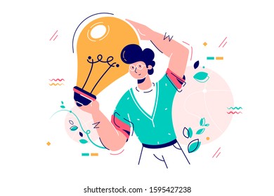 Man holding idea lamp bulb vector illustration. Lightbulb as symbol of inspiration and success flat style. Creative idea. Insight and business innovation concept