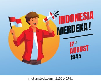 a man holding indonesia flag and megaphone celebrating indonesia independence day