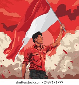 A man holding a Indonesia flag in a red and white background. Indonesia independence day