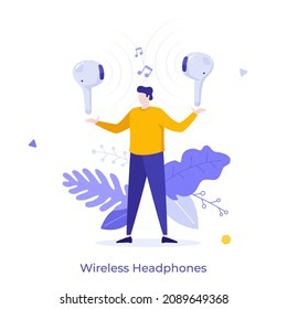 Man holding in-ear headphones. Concept of wireless earphones, hi-tech electronic audio or acoustic device for sound or music listening. Modern flat colorful vector illustration for poster, banner.