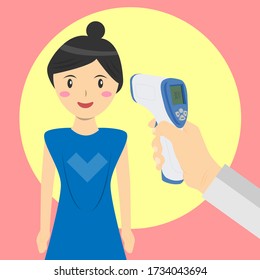 A man holding an infrared thermometer to measure temperature of woman opposite him vector.