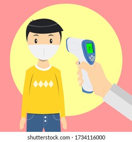 A man holding an infrared thermometer to measure temperature of man in surgical mask opposite him vector.